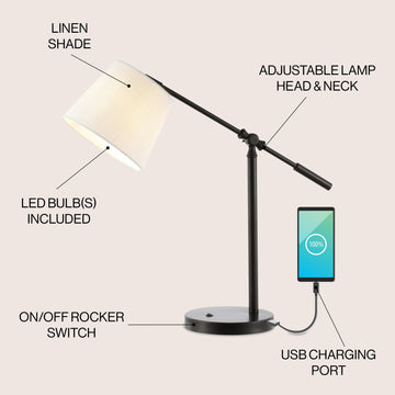 Troy 24" Classic Contemporary Iron LED Task Lamp with USB Charging Port - JONATHAN Y